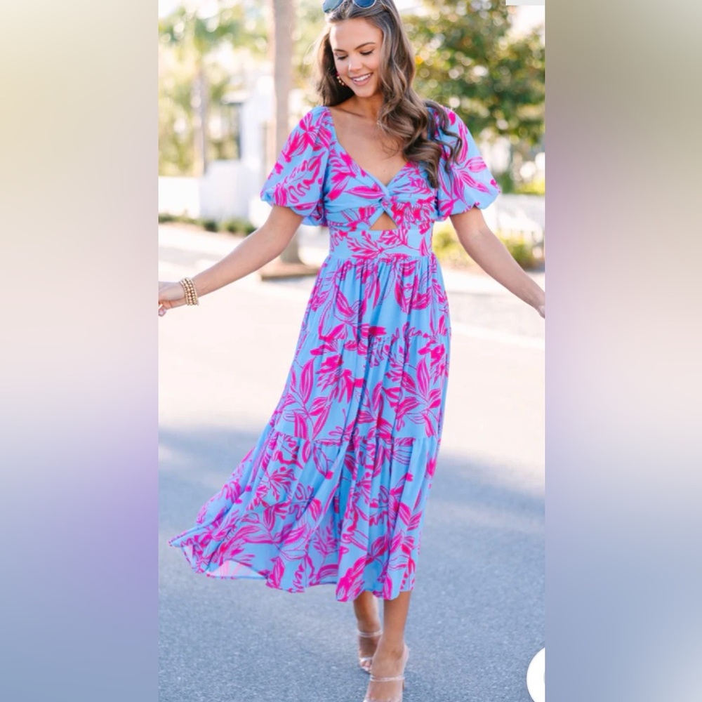 Flying Tomato Blue & Pink Floral Midi Dress